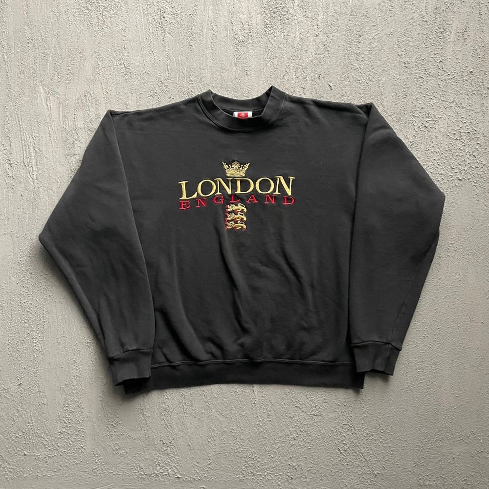 Vintage London England Embroidered Sweatshirt Mens XL Black 90s Hanes